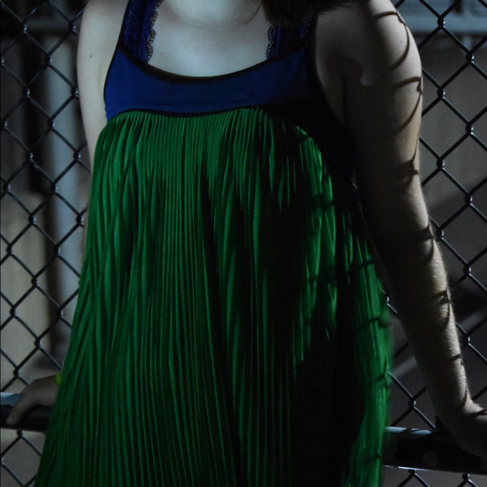 Pleated green & blue chiffon dress